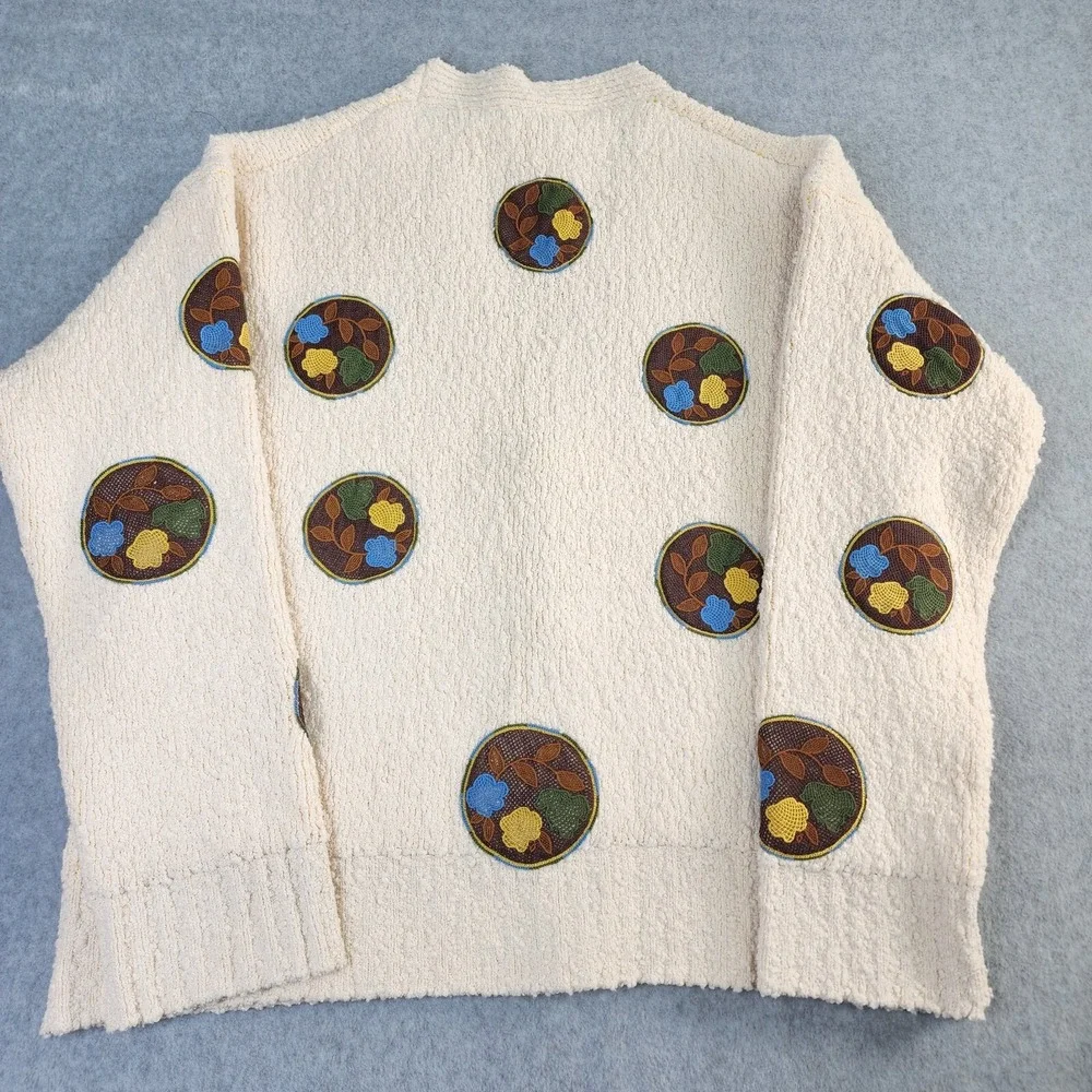 Tory Burch Sweater Womens XL Double Faced Floral Dot Cardigan Ivory/Lemon $598